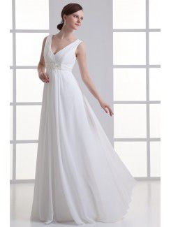 Chiffon V-Neckline Empire line Floor Length Bead Wedding Dress