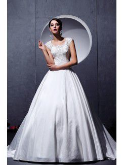 Satin and Lace Square Chapel Train Ball Gown Wedding Dress with Embroidered