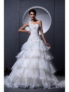 Tulle Satin One-Shoulder Chapel Train A-Line Wedding Dress with Ruffle Flowers
