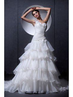 Tulle Satin One-Shoulder Chapel Train A-Line Wedding Dress with Ruffle Flowers