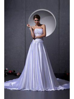 Satin Strapless Chapel Train A-Line Wedding Dress with Beading Ruffle