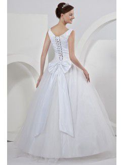 Satin V-Neckline Floor Length Ball Gown Wedding Dress with Bow Pearl