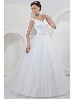 Satin V-Neckline Floor Length Ball Gown Wedding Dress with Bow Pearl