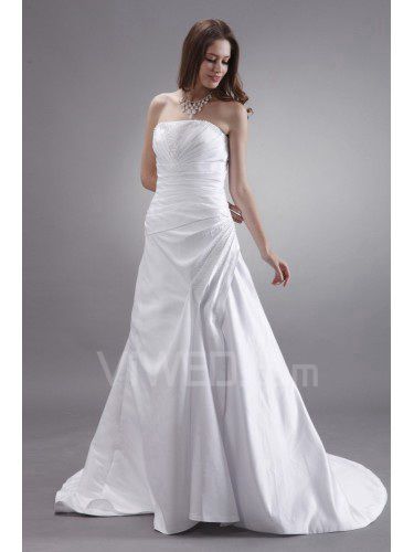 Satin Strapless Sweep Train A-Line Wedding Dress with Beading