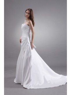 Satin Strapless Sweep Train A-Line Wedding Dress with Beading