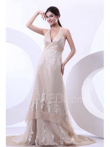 Satin Tulle Halter Court Train A-Line Wedding Dress with Embroidered