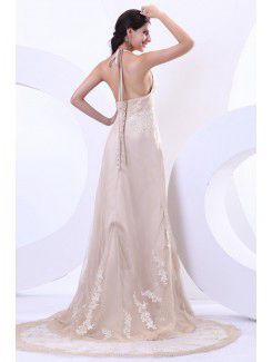 Satin Tulle Halter Court Train A-Line Wedding Dress with Embroidered