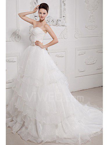 Taffeta and Organza Sweetheart Court Train A-Line Wedding Dress with Sequins Embroidered