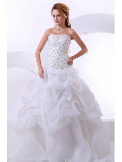 Satin Organza Strapless Chapel Train A-Line Wedding Dress with Ruffle Embroidered