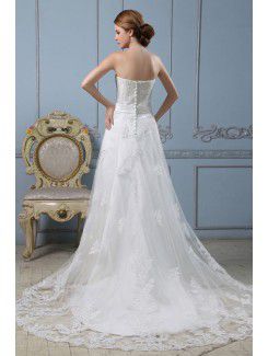 Satin Strapless Court Train A-Line Wedding Dress with Embroidered