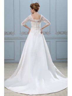 Satin V-Neckline Court Train A-Line Wedding Dress with Embroidered and Half-Sleeves