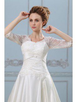Satin V-Neckline Court Train A-Line Wedding Dress with Embroidered and Half-Sleeves