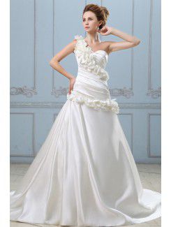 Satin One-Shoulder Court Train A-Line Wedding Dress with Flowers Ruffle