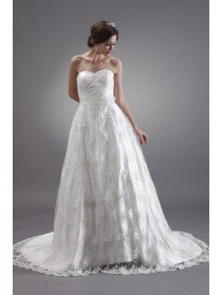 Satin and Lace Sweetheart Chapel Train A-Line Wedding Dress with Embroidered
