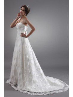 Satin and Lace Sweetheart Chapel Train A-Line Wedding Dress with Embroidered