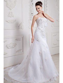 Satin and Organza Strapless Court Train A-Line Wedding Dress with Embroidered