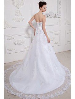 Satin and Organza Strapless Court Train A-Line Wedding Dress with Embroidered