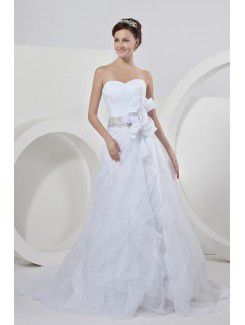 Satin Sweetheart Chapel Train A-Line Wedding Dress with Flower and Sequins