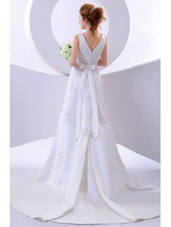 Satin V-Neckline Court Train A-Line Wedding Dress with Flower