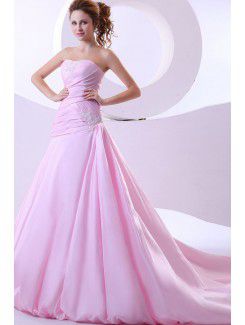 Taffeta Strapless Chapel Train A-Line Wedding Dress with Embroidered Ruched
