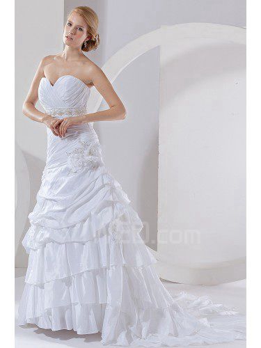 Taffetas de train de cour d'amoureux de robe de mariée a-ligne avec fleur froncé