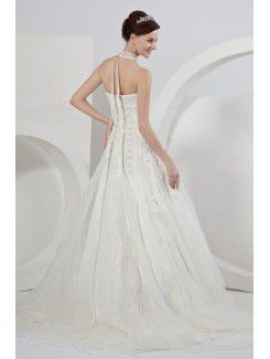 Satin Strapless Court Train A-Line Wedding Dress with Beading and Sequins