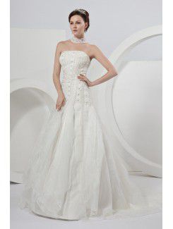 Satin Strapless Court Train A-Line Wedding Dress with Beading and Sequins