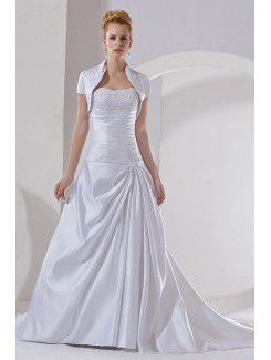 Satin Strapless Court Train A-Line Wedding Dress with Beading and Jacket