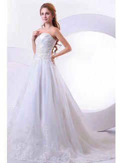 Satin and Organza Sweetheart Chapel Train A-Line Wedding Dress with Embroidered