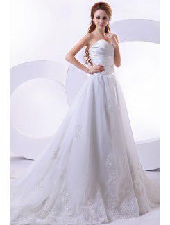 Satin and Organza Sweetheart Chapel Train A-Line Wedding Dress with Embroidered