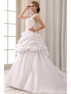 Satin V-neck Court Train Ball Gown Wedding Dress with Embroidered and Ruffle