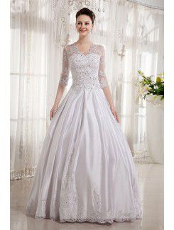 Satin V-Neckline Floor Length Ball Gown Wedding Dress with Embroidered and Half-Sleeves