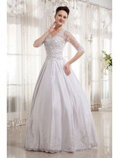 Satin V-Neckline Floor Length Ball Gown Wedding Dress with Embroidered and Half-Sleeves