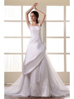 Satin Square Cathedral Train A-Line Wedding Dress with Embroidered