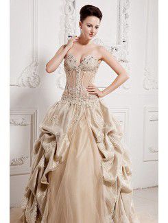 Organza and Satin Sweetheart Sweep Train Ball Gown Wedding Dress with Beading and Ruffle