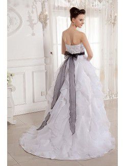 Organza Strapless Sweep Train Ball Gown Wedding Dress with Beading and Sash