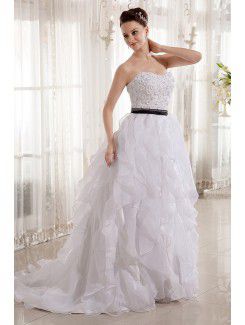 Organza Strapless Sweep Train Ball Gown Wedding Dress with Beading and Sash