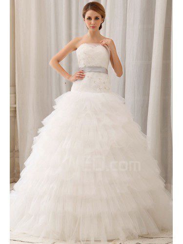 Gauze Strapless Sweep Train Ball Gown Wedding Dress with Flowers