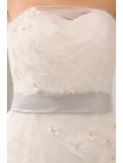 Gauze Strapless Sweep Train Ball Gown Wedding Dress with Flowers