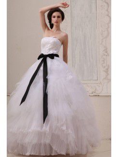 Gauze Strapless Floor Length Ball Gown Wedding Dress with Sash and Embroidered