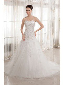 Satin and Tulle Sweetheart Chapel Train A-line Wedding Dress