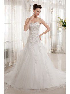 Satin and Tulle Sweetheart Chapel Train A-line Wedding Dress