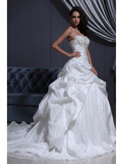 Taffeta Strapless Cathedral Train Ball Gown Wedding Dress with Embroidered and Ruffle