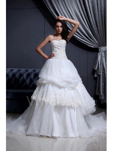 Mesh and Satin Strapless Cathedral Train Ball Gown Wedding Dress