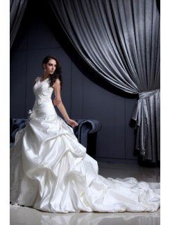 Satin and Lace V-Neckline Cathedral Train Ball Gown Wedding Dress