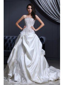 Satin and Lace Strapless Cathedral Train Ball Gown Wedding Dress