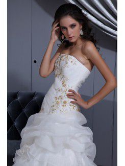 Satin and Organza Strapless Court Train A-line Wedding Dress with Beading