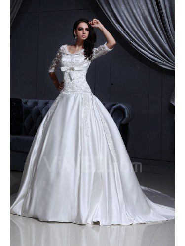 Satin and Lace V-Neckline Chapel Train Ball Gown Wedding Dress with Embroidered and Half-Sleeves