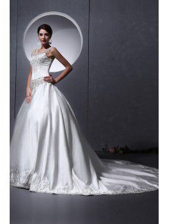 Satin Bateau Chapel Train Ball Gown Wedding Dress with Embroidered
