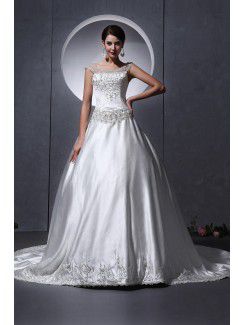 Satin Bateau Chapel Train Ball Gown Wedding Dress with Embroidered